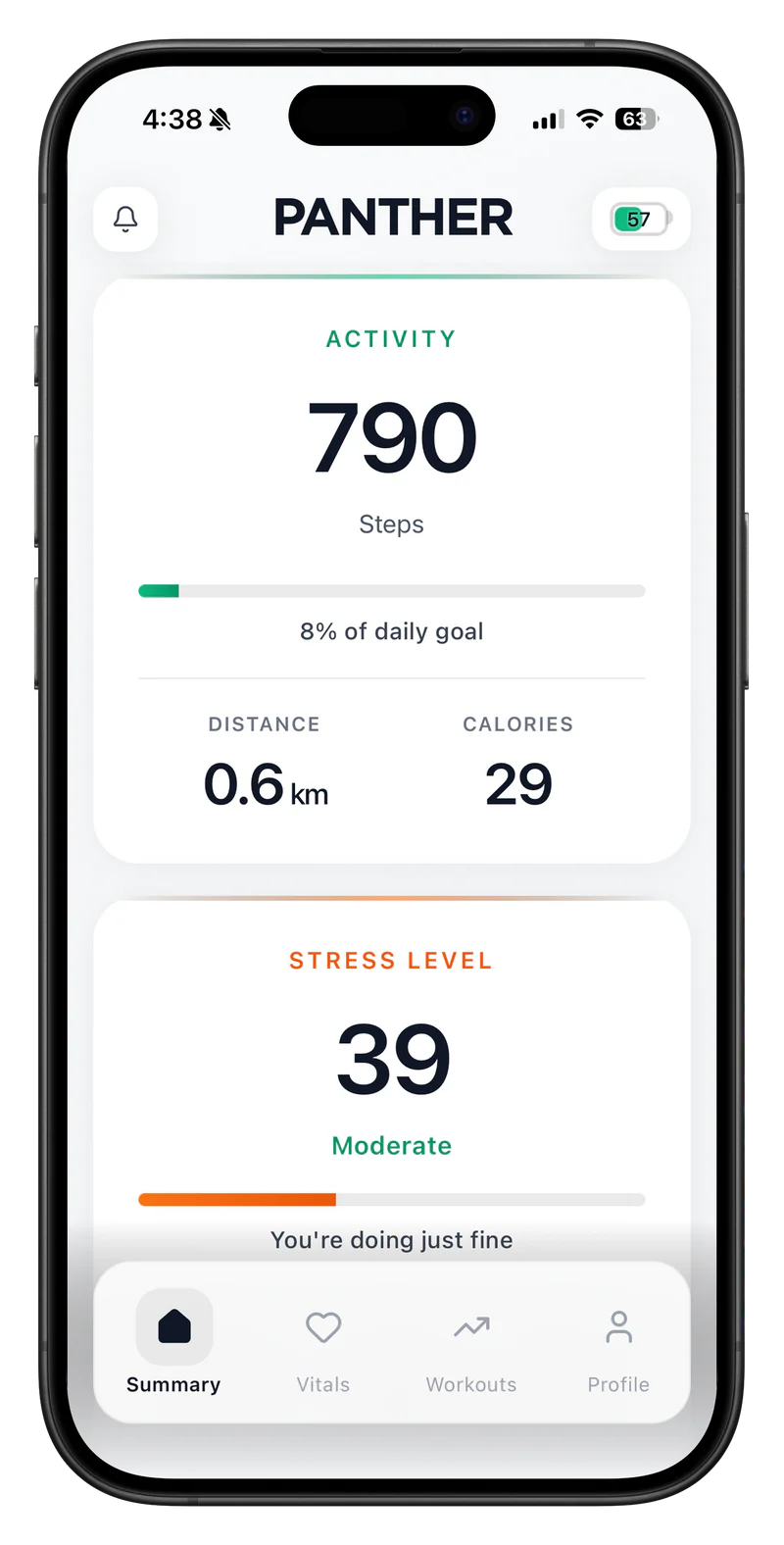 Panther app Summary screen showing activity steps and stress level