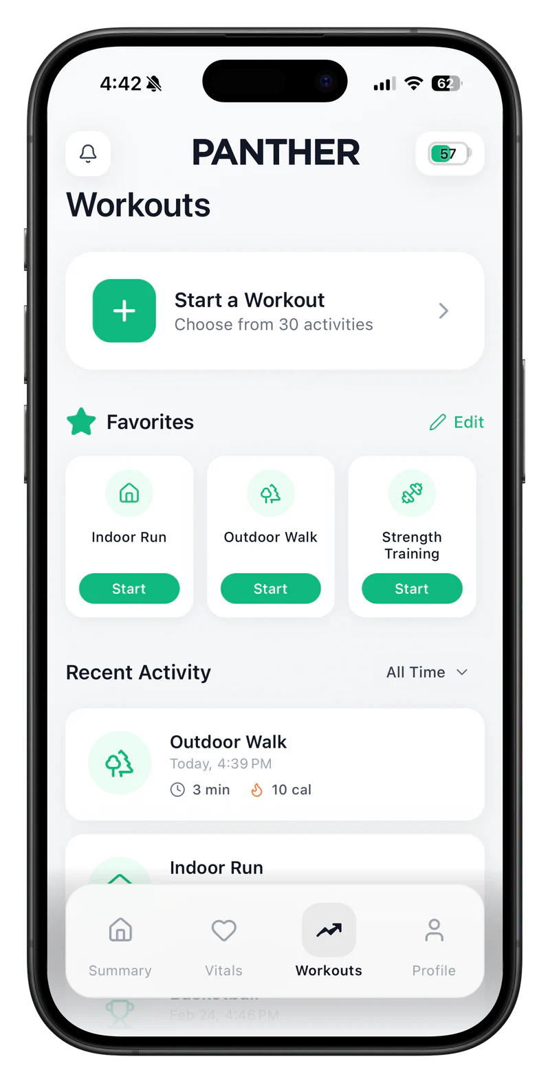 Panther app Workouts screen with start a workout and favorites