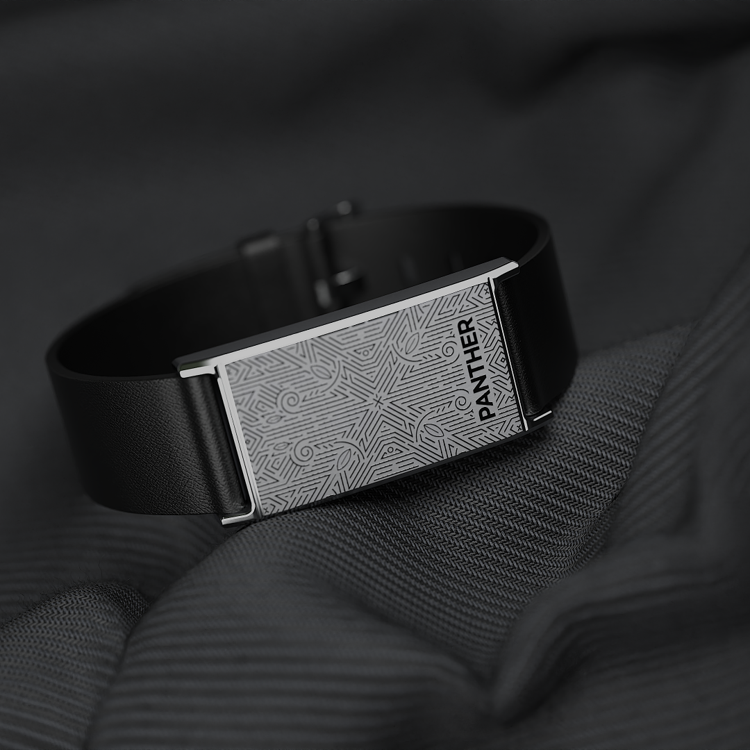 Panther Eclipse in 304L stainless steel with engraved Neo-Deco face on a black leather strap